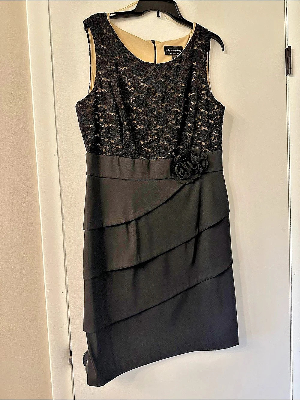 Connected Apparel Lace Overlay Tiered Dress in Black Size 16
